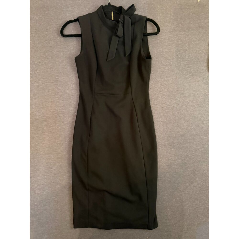 Calvin Klein Black Bow Tie Neck Sheath Dress Gold Zip Size 2